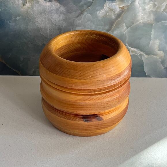 Handcrafted Hand Turned Mortar 6" Wooden Textured Grooves - Picture 1 of 11